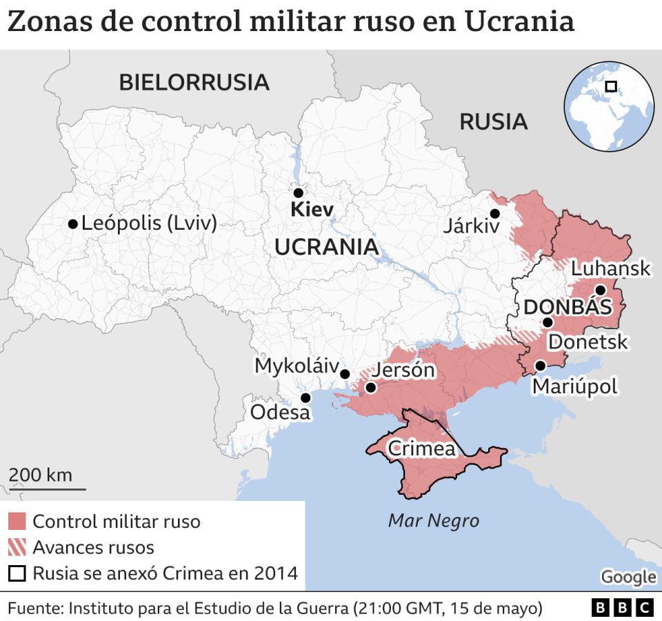Mapa mostrando las zonas bajo control militar ruso en Ucrania