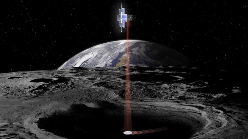 An artist’s impression of Lunar Flashlight scanning a permanently shadowed region on the Moon. 