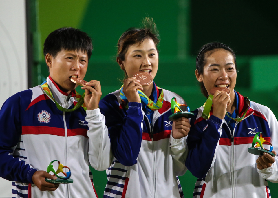 Bronze medallists Le Chien-Ying, Lin Shih-Chia and Tan Ya-Ting at the 2016 Olympic Games in Rio. (Valery Sharifulin/TASS via Getty Images)