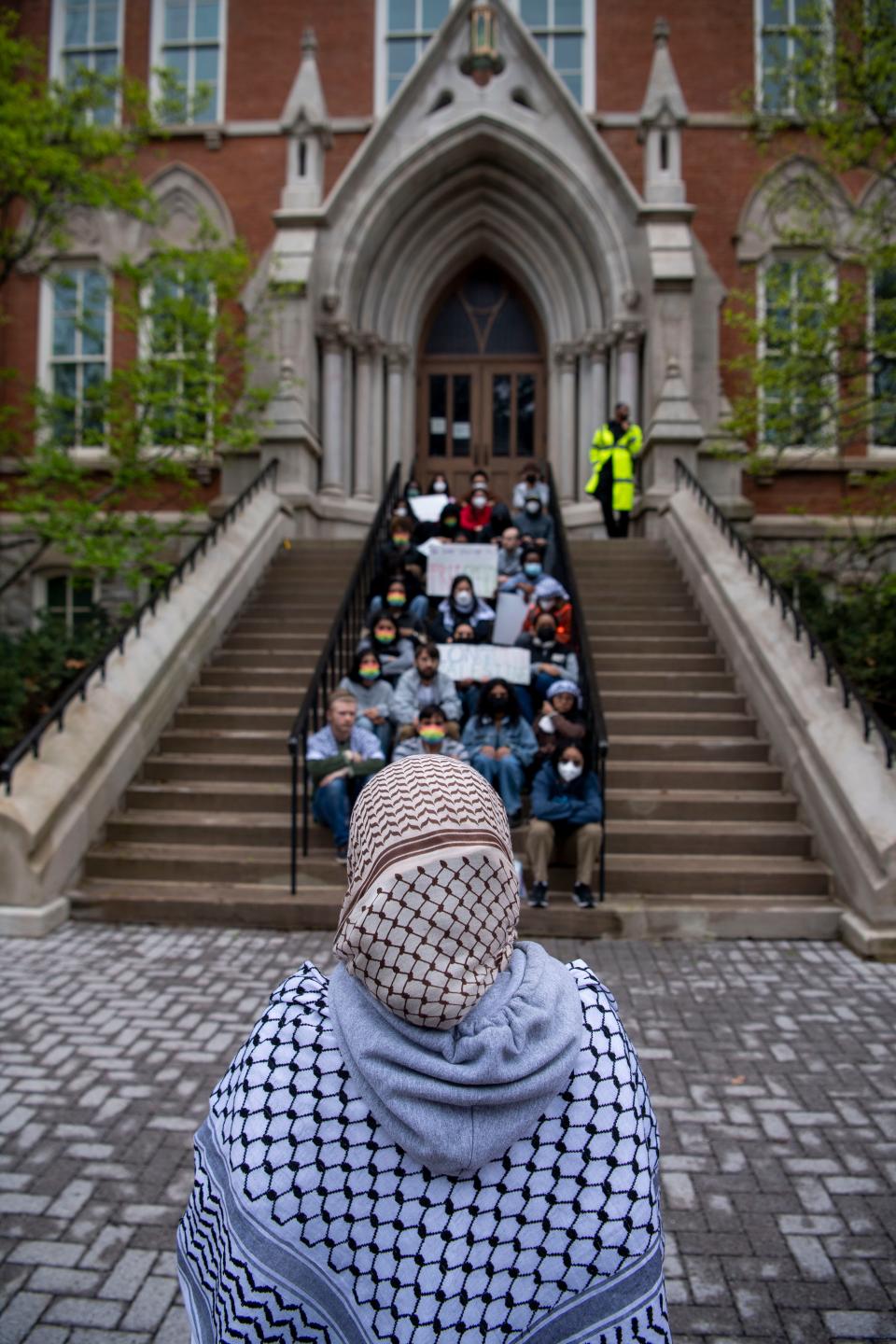 Students protest on the steps outside of Kirkland Hall at Vanderbilt University in Nashville , Tenn., Tuesday, March 26, 2024.