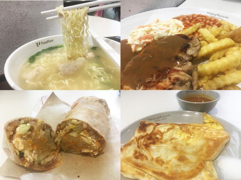 Clockwise: Minced Pork Noodle Soup, Chicken Chop, Egg Prata, Popiah. (Photos: Gabriel Choo / Yahoo Lifestyle Singapore)