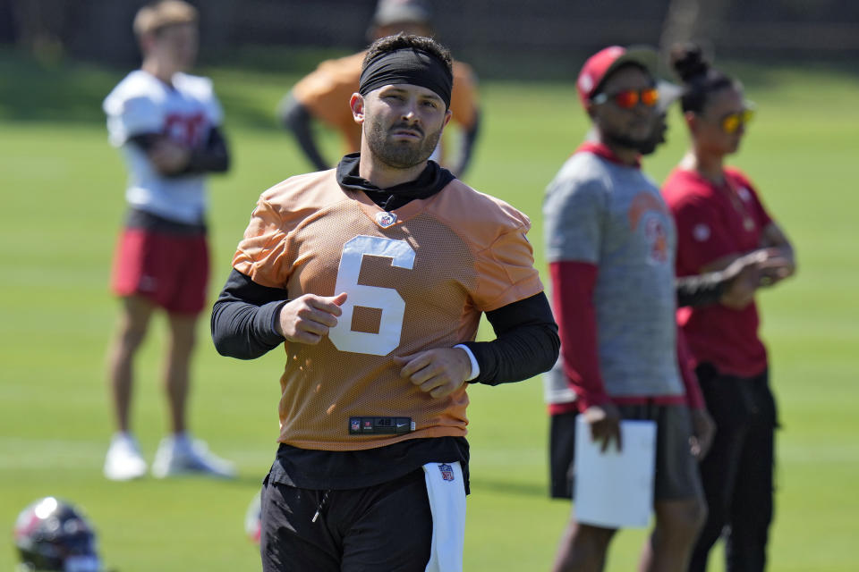 Tampa Bay Buccaneers quarterback Baker Mayfield runs during an NFL football organized team activity Tuesday, May 21, 2024, in Tampa, Fla. (AP Photo/Chris O'Meara)