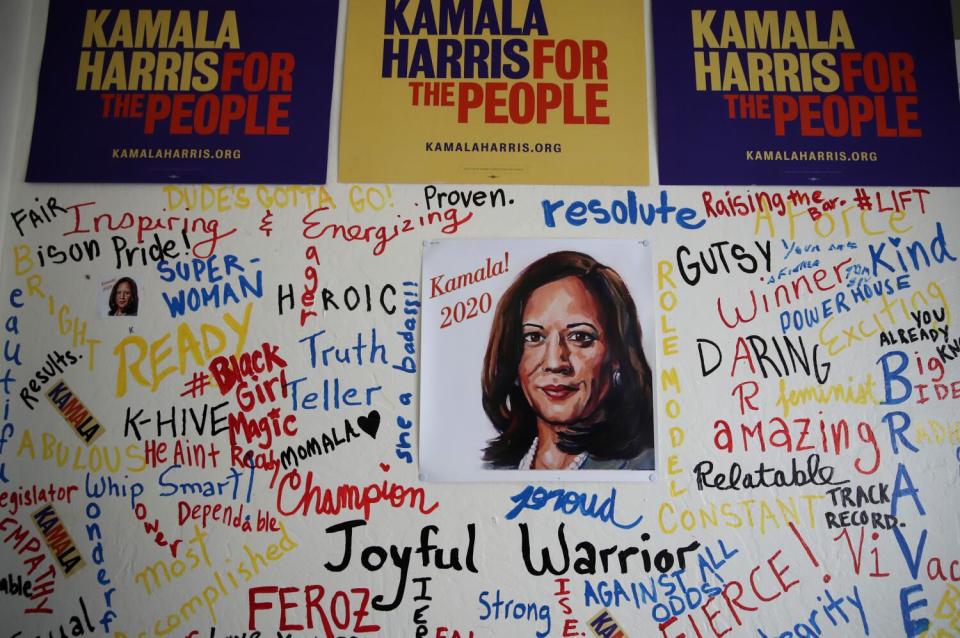 An illustration of Kamala Harris at an Oakland campaign office in 2019 with comments written around it.