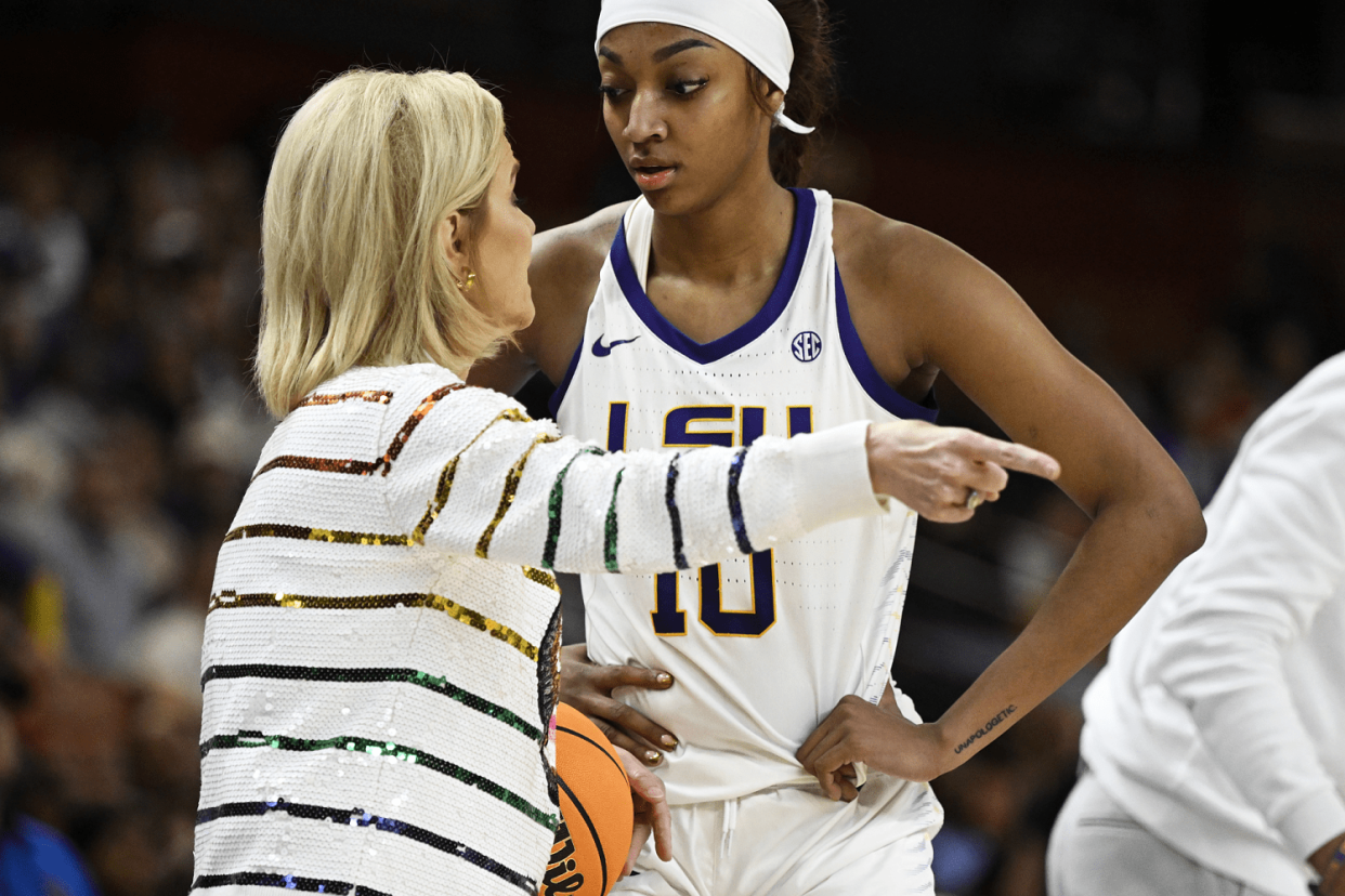 Head coach Kim Mulkey of the LSU Lady Tigers talks with Angel Reese #10 of the LSU Lady Tigers in the third quarter during the semifinals of the SEC Women's Basketball Tournament at Bon Secours Wellness Arena on March 09, 2024 in Greenville, South Carolina.  (Eakin Howard / Getty Images file )