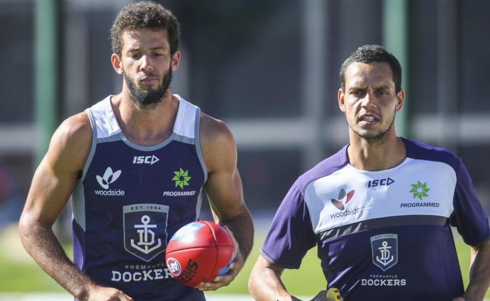 Zac Clarke and Michael Johnson at Dockers training today. Pic: Nic Ellis/WA News