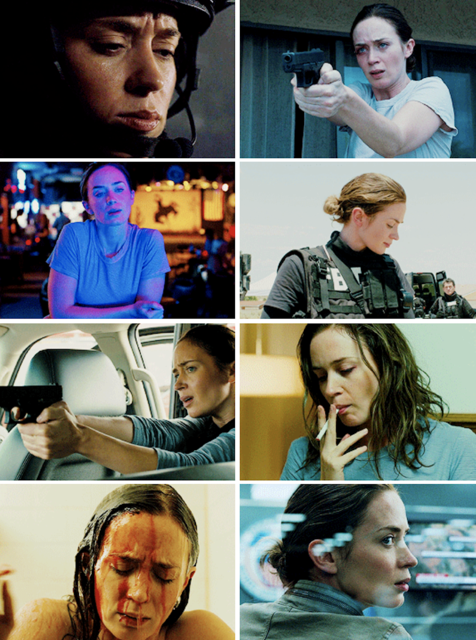 Blunt as KAte Macer in "Sicario" shooting a gun, smoking, and taking a shower to wash blood off of herself