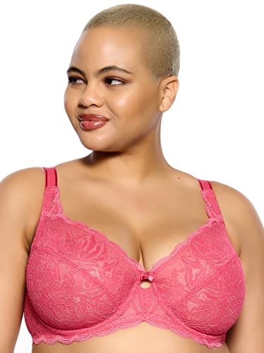  Womens Plus Size Full Coverage Underwire Unlined Minimizer  Lace Bra Dark Red 34H