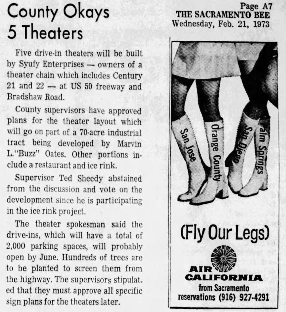 The Sacramento Bee chronicles the county’s approval of the site for what is now the West Wind Sacramento 6 Drive-in. Feb. 21, 1973.