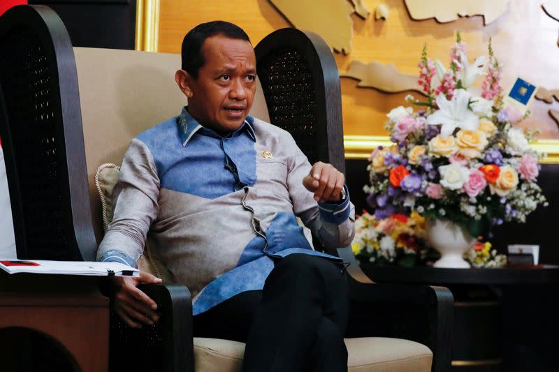 Indonesia's Investment Minister Bahlil Lahadalia gestures during an interview at his office in Jakarta