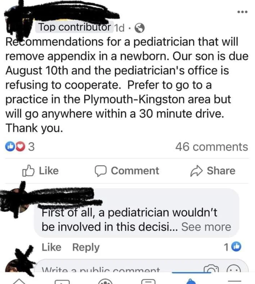 Facebook post by a top contributor seeking recommendations for a pediatrician to remove an appendix in a newborn within a 30-minute drive of Plymouth-Kingston