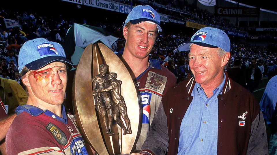 Menzies (centre) says the phone call from Fulton (R) convinced him to sign with Manly. Pic: Getty