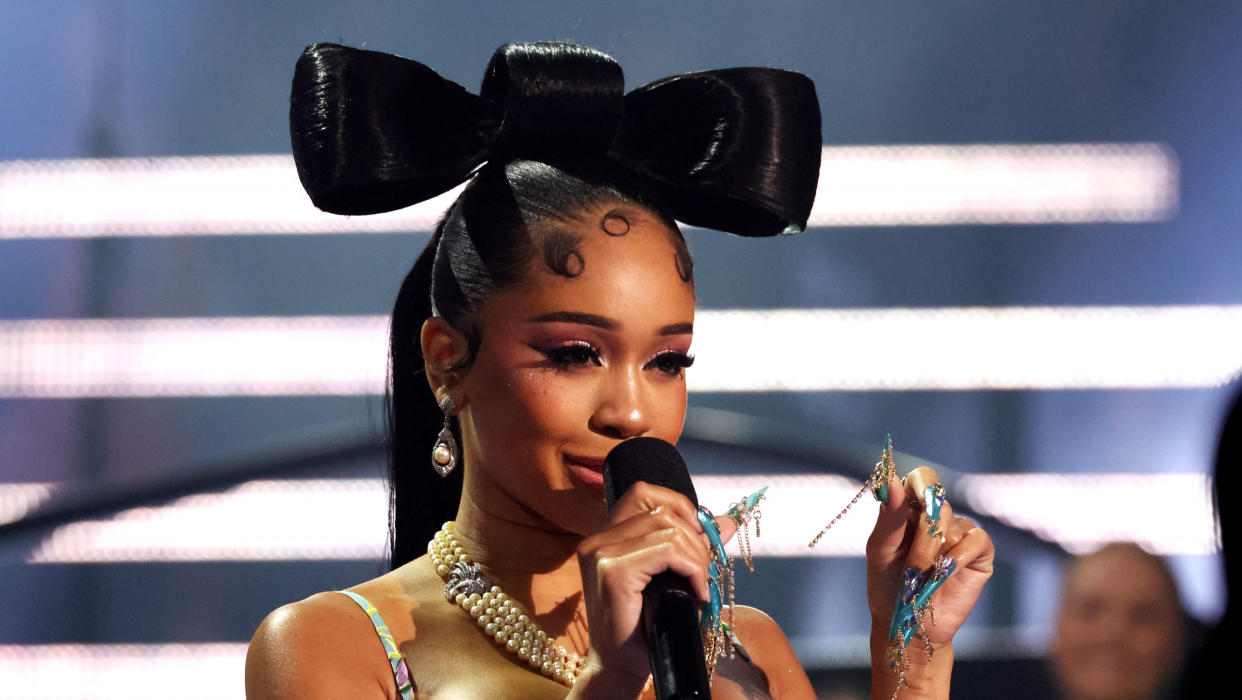 Saweetie speaks onstage during the 2023 MTV Video Music Awards at Prudential Center on September 12, 2023 in Newark, New Jersey.