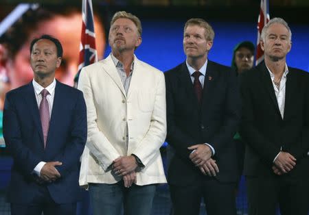 Tennis - Australian Open - Melbourne Park, Melbourne, Australia - 24/1/17 Former tennis players Michael Chang of the U.S., Germany's Boris Becker, Jim Courier of the U.S, and John McEnroe of the U.S. attend an induction ceremony for former tennis players Andy Roddick of the U.S., Belgium's Kim Clijsters and Netherlands' Monique Kalkman-van den Bosch into the International Tennis Hall of Fame. REUTERS/Issei Kato