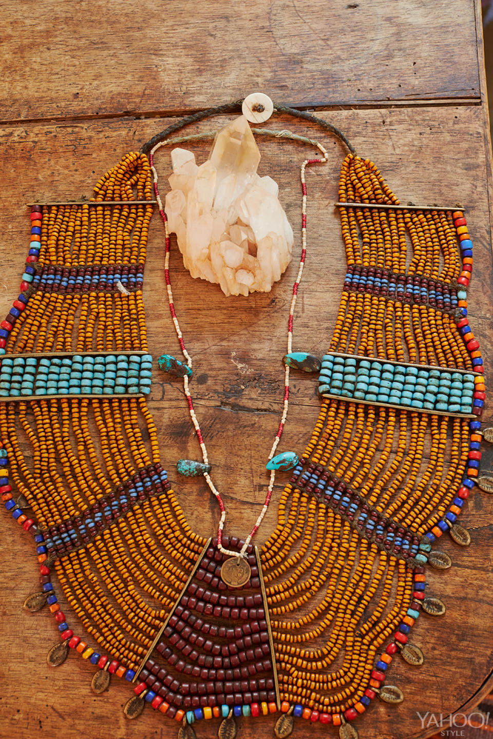 An intricately beaded necklace, including turquoise and shells, is one of many unique accessories found at the boutique.