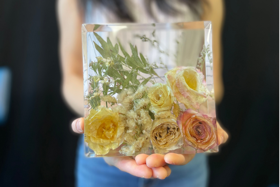 A resin flower display by Janice Lim, The Summer Alcove.