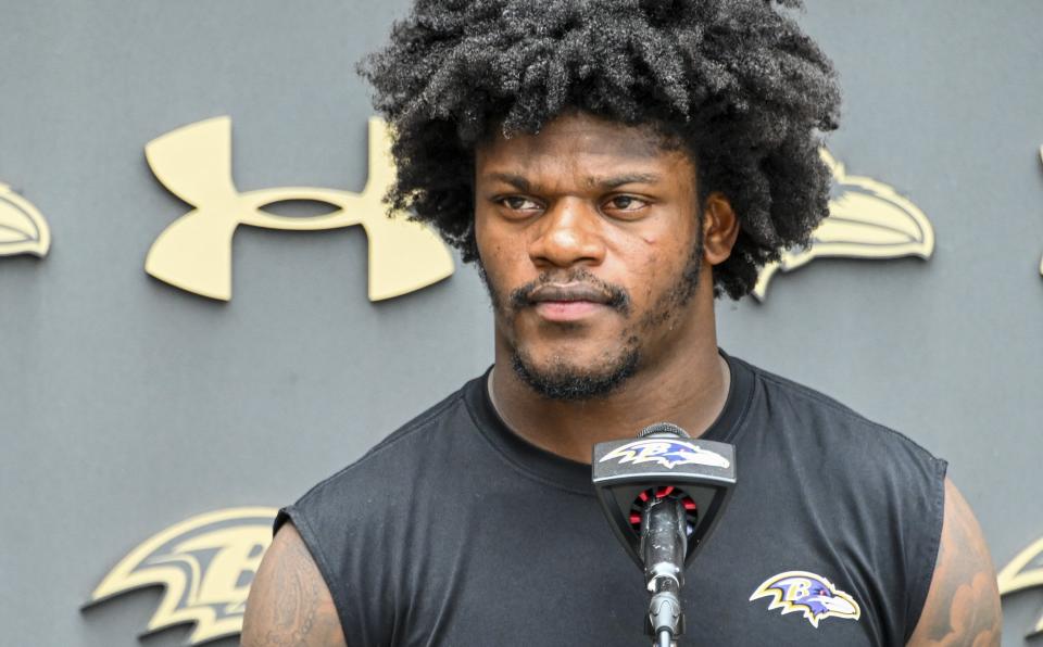 Baltimore Ravens' quarterback Lamar Jackson answers questions after practice on Wednesday, Sept. 7, 2022, in Owings Mills, Md. (Kevin Richardson/The Baltimore Sun via AP)