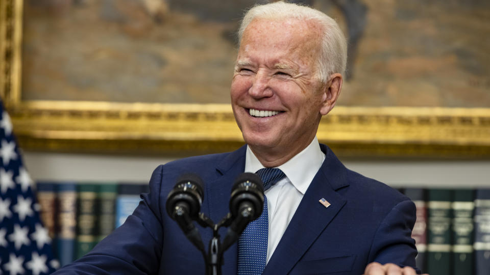 U.S. President Joe Biden speaks in the Roosevelt Room on the continuing situation in Afghanistan and the developments of Hurricane Henri at the White House on August 22, 2021 in Washington, DC. (Samuel Corum/Getty Images)