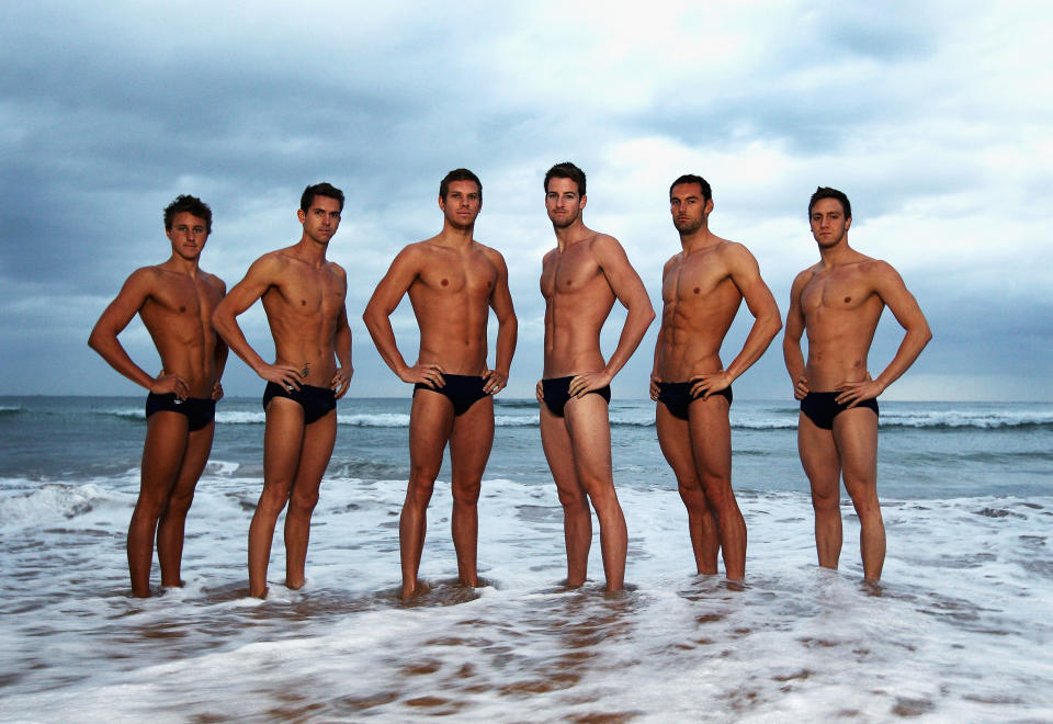 SYDNEY, AUSTRALIA - MARCH 25: (L-R) Cameron McEvoy, Eamon Sullivan, James Roberts, James Magnussen, Matt Targett and Tommaso D'Orsogna of Australia pose during an Australian swimming portrait session on Manly Beach on March 25, 2012 in Sydney, Australia. (Photo by Ryan Pierse/Getty Images)