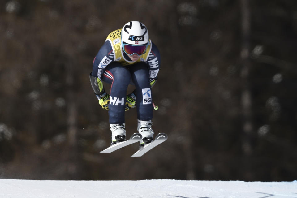 Norway's Ragnhild Mowinckel speeds down the course during an alpine ski, women's World Cup super-G, in Cortina d'Ampezzo, Italy, Sunday, Jan. 22, 2023. (AP Photo/Gabriele Facciotti)