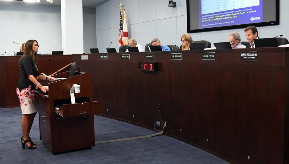 Brevard County Property Appraiser Dana Blickley addresses the Brevard County Commissioners at a special meeting Thursday, June 28.  Commissioner John Tobia has been questioning the budgets of the county's constitutional officers such as the property appraiser.