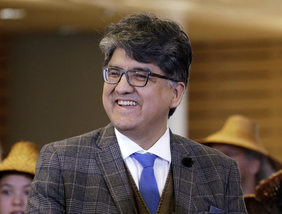 FILE - In this Oct. 10, 2016 file photo, author and filmmaker Sherman Alexie appears at a celebration of Indigenous Peoples' Day at Seattle's City Hall. Alexie is included in a list of authors who wrote books that were among the 100 most subjected to censorship efforts over the past decade, as compiled by the American Library Association. Alexie's prize-winning “The Absolutely True Diary of a Part-Time Indian” came in at No. 1. (AP Photo/Elaine Thompson, File)