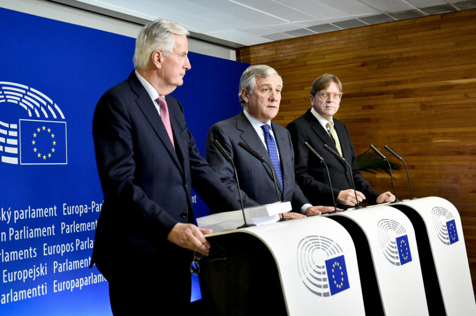 Michel Barnier with the European parliament’s president, Antonio Tajani, and its Brexit coordinator, Guy Verhofstadt (European parliament)