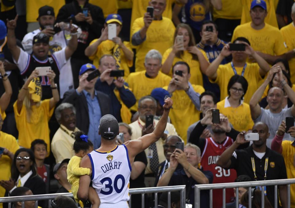 <p>Golden State Warriors guard Stephen Curry (30) celebrates after defeating the Cleveland Cavaliers in game five of the 2017 NBA Finals at Oracle Arena. Mandatory Credit: Kyle Terada-USA TODAY Sports </p>