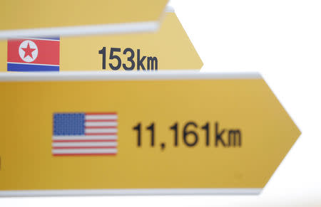 Directional signs bearing North Korean and U.S. flags are seen near the demilitarized zone separating the two Koreas in Paju, South Korea, April 25, 2018. REUTERS/Kim Hong-Ji
