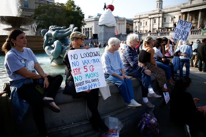 People gather in Trafalgar Square to protest against the lockdown imposed by the government, in London