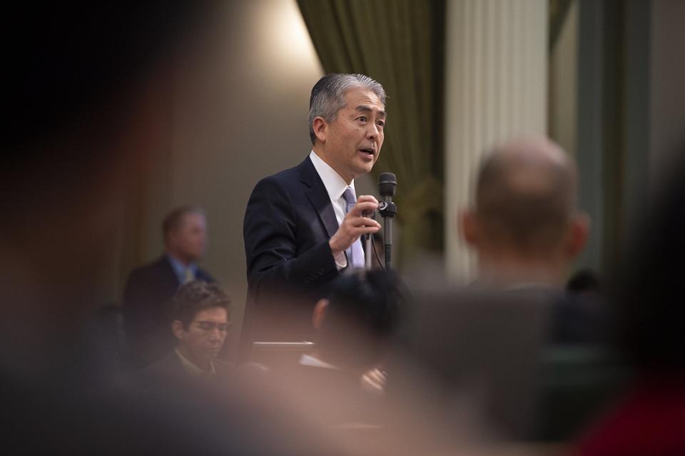 Assemblyman Al Muratsuchi, D-Torrance, speaks before before the passage of HR 77, a resolution he introduced that apologizes for California's role in supporting the incarceration of 120,000 Japanese Americans during World War II. HR 77, which also acknowledges anti-Japanese state legislation dating from 1913, passed one day after the anniversary of the signing of Executive Order 9066, which authorized the incarceration, by President Franklin D. Roosevelt in 1942. (Paul Kitagaki Jr./The Sacramento Bee via AP)