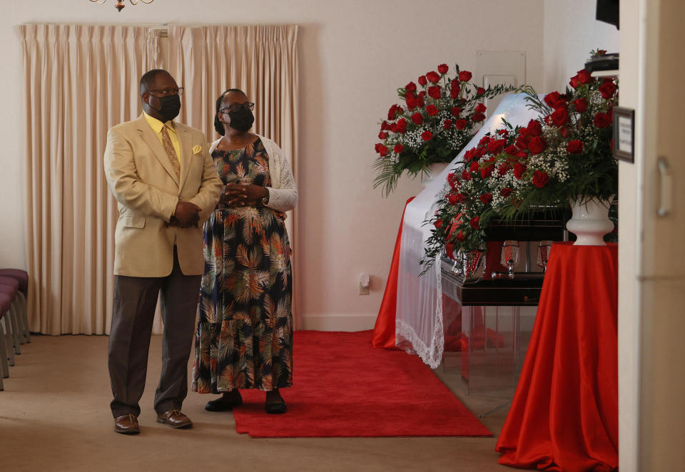 Edwin Newby and Ella Newby pay their respects to Andrew Brown Jr. during the public viewing at Horton's Funeral Home and Cremations Chapel on May 02, 2021, in Hertford, North Carolina.  / Credit: Joe Raedle/Getty Images