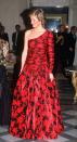 <p>Diana wore a dress that was quite striking for the era: a red and black patterned one shoulder dress. The Princess wore the Catherine Walker evening gown to a dinner hosted by the British Ambassador while in Paris. </p>