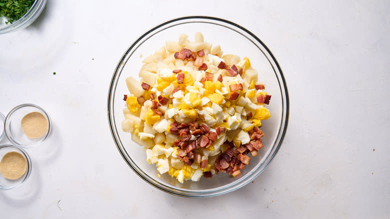 potatoes, bacon, and eggs in bowl