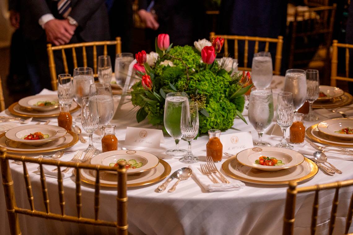 The first course of chilled sunburst tomato and cucumber soup at a luncheon in honor of Japanese Prime Minister Fumio Kishida on Friday, April 12, 2024 at the Executive Mansion in Raleigh, N.C. Robert Willett/rwillett@newsobserver.com