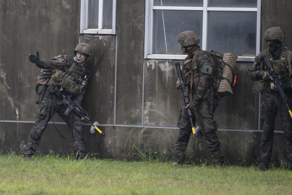 French army soldiers take part in a joint military drill between Japan Self-Defense Force, French army and U.S. Marines, at the Kirishima exercise area in Ebino, Miyazaki prefecture, southern Japan Saturday, May 15, 2021. (Charly Triballeau/Pool Photo via AP)