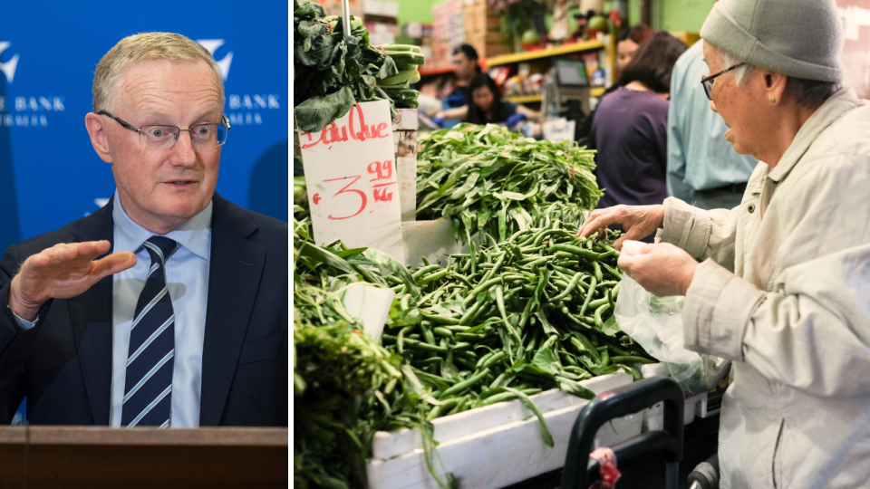 Composite image of RBA governor Philip Lowe discussing interest rates, and a woman buying vegetables at an Asian grocer.