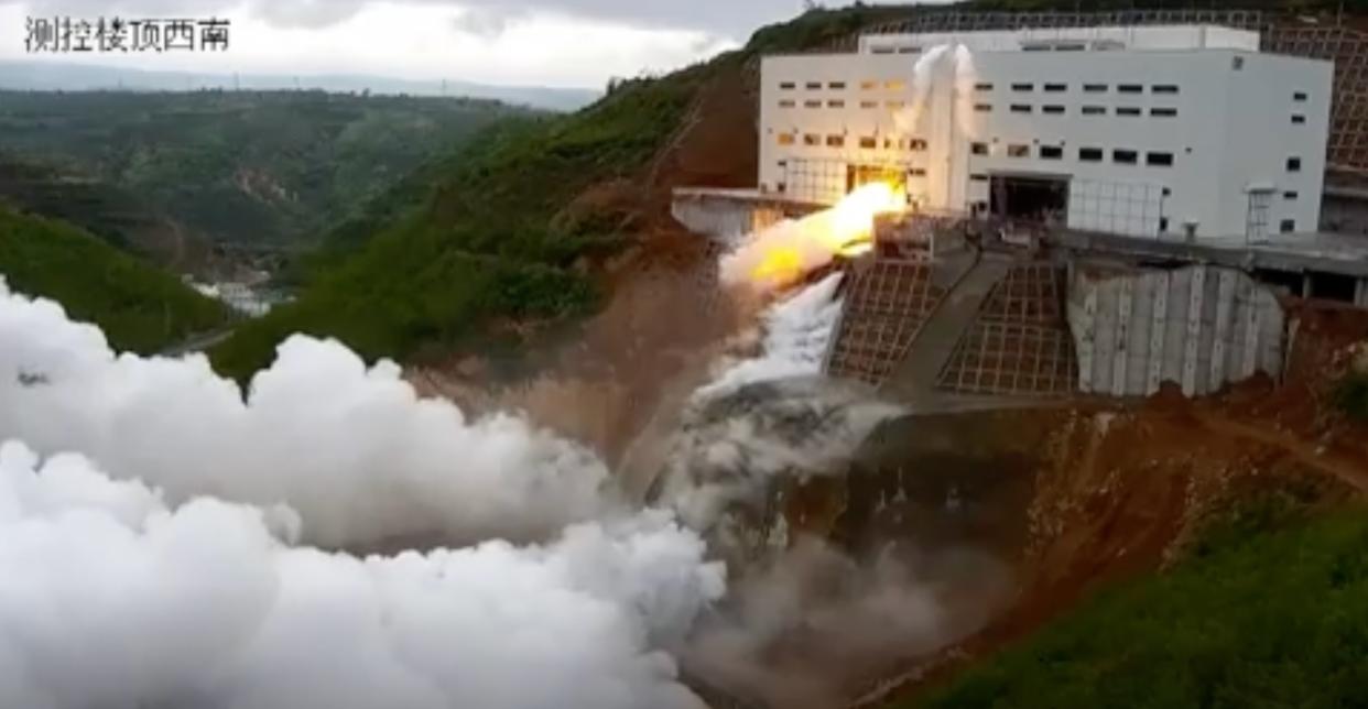  China conducts an engine hot-fire test at its new facility in Tongchuan, in the northwestern province of Shaanxi, on April 24, 2023. 