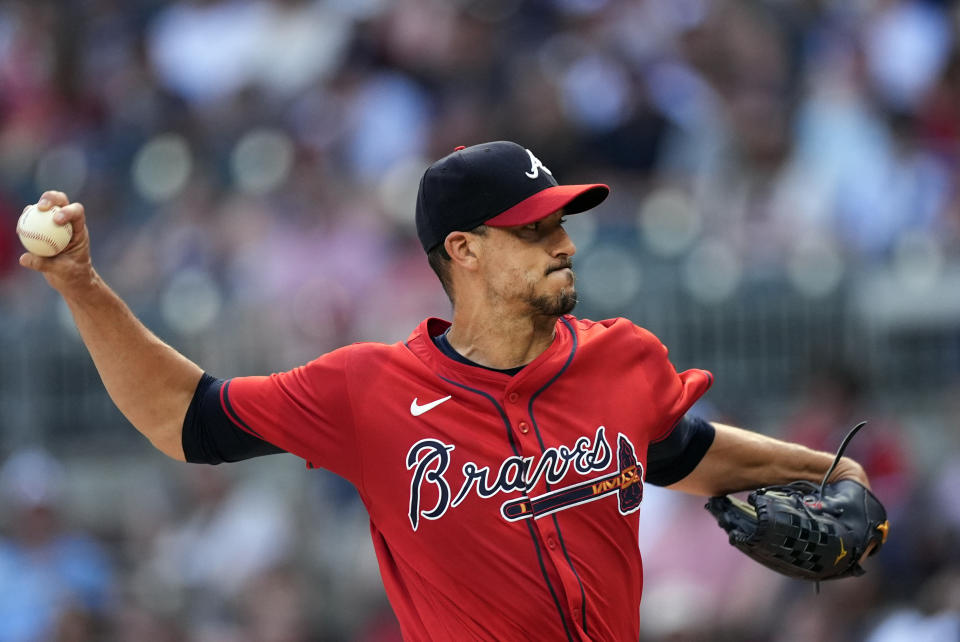 Atlanta Braves starting pitcher Charlie Morton works against the Pittsburgh Pirates in the first inning of a baseball game Friday, June 28, 2024, in Atlanta. (AP Photo/John Bazemore)
