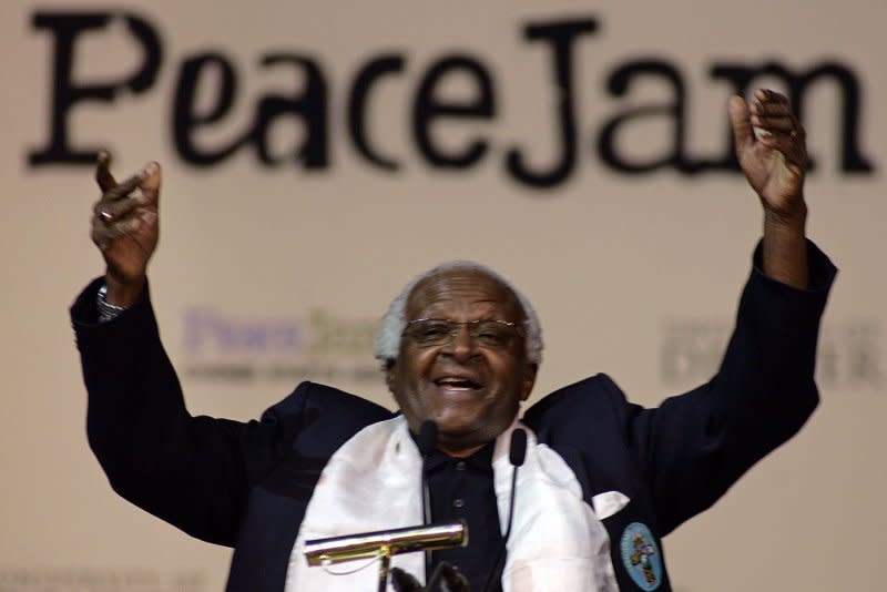 Nobel Peace Laureate Bishop Desmond Tutu begins his Ceremony of Inspiration at PeaceJam at the University of Denver on September 17, 2006. On April 14, 1986, Tutu was named Anglican archbishop of Cape Town, South Africa. File Photo by Gary C. Caskey/UPI