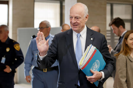 UN Special Envoy of the Secretary-General for Syria Staffan de Mistura, arrives to take part in a round of negotiation with opposition High Negotiations Committee (HNC), during the Intra Syria talks, at the European headquarters of the United Nations in Geneva, Switzerland, Friday, March 3, 2017. REUTERS/Salvatore Di Nolfi/Pool