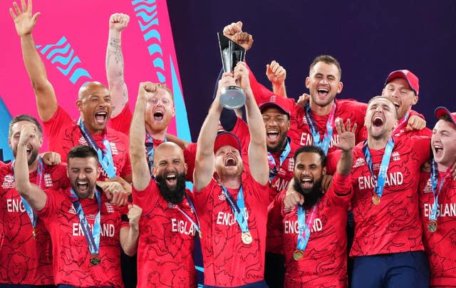 Captain Jos Buttler lifts the T20 World Cup trophy after England beat Pakistan in the final at the Melbourne Cricket Ground. Ben Stokes once again delivered under the fiercest of pressure situations as England were crowned champions following a nail-biting five-wicket win. Stokes anchored a chase of 138 with an over to spare, registering 52 not out from 49 balls, as England became the first men's side to hold ODI and T20 World Cups simultaneously