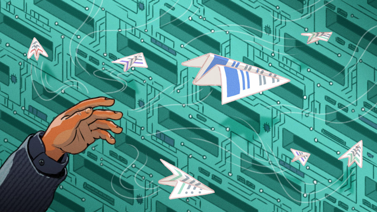 A hand throws paper airplanes made from resumes across a green tech-themed background pattern