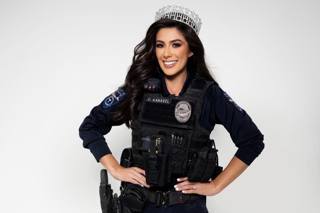 Officer Candace Kanavel, known off-duty as Miss Arizona, will compete in the 2023 Miss USA pageant on Friday, Sept. 29., which made her the first police officer to participate in the competition.