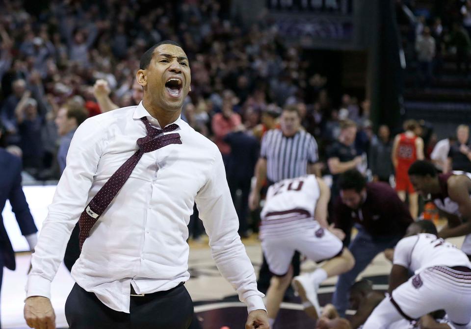 Missouri State coach Dana Ford celebrates the last-second win against the Illinois State Redbirds at JQH Arena in Springfield on Feb. 10, 2019.