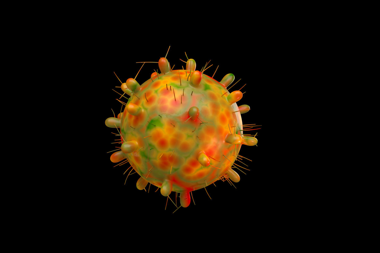 3D render of New strain of Corona Virus against black background, it is more deadly and has created a worst pandemic situation across the globe once Again in 2021. Corona virus is a deadly pathogen virus that attacks lungs   and has killed millions of people across the globe.