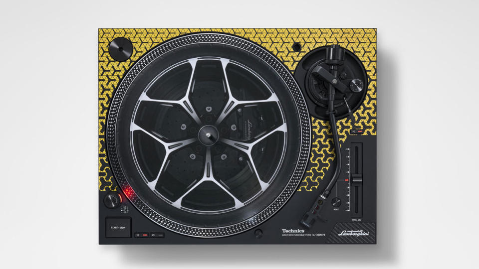 The Technics Special Edition Lamborghini SL-1200M7B Direct Drive Turntable System, shown here with a complementary record of engine sounds presented to look like the wheel from a Lamborghini Revuelto.