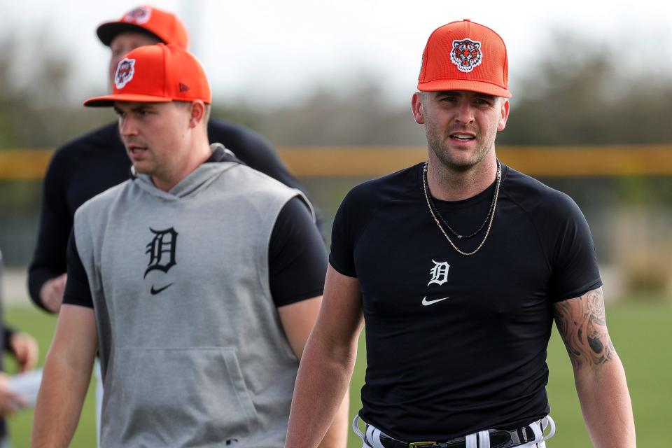 Detroit Tigers pitchers Alex Lange, right, and Tarik Skubal during spring training at Tigertown in Lakeland, Fla. on Tuesday, Feb. 13, 2024.