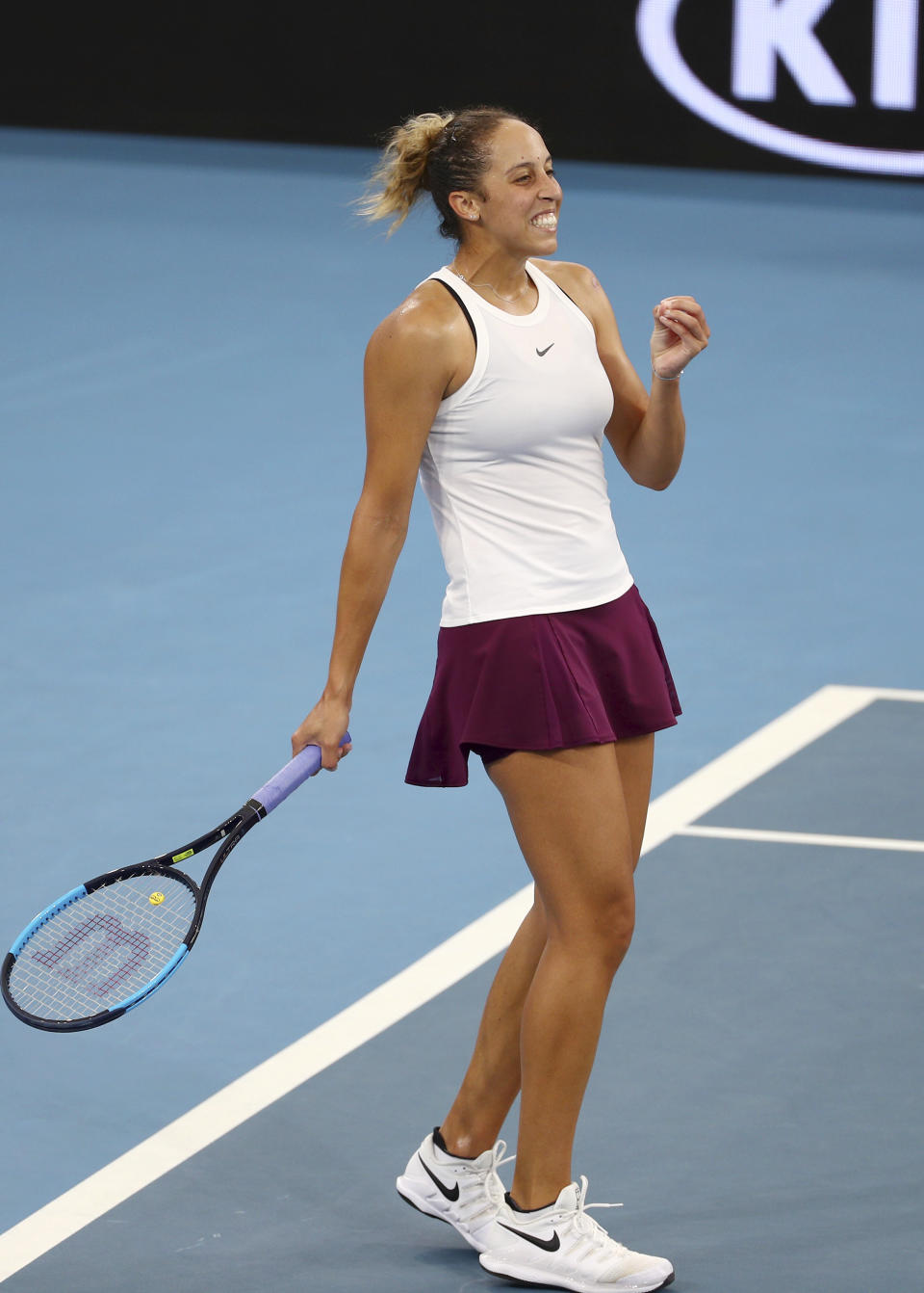 Madison Keys of the United States reacts after winning a point during her final match against Karolina Pliskova of the Czech Republic at the Brisbane International tennis tournament in Brisbane, Australia, Sunday, Jan. 12, 2020. (AP Photo/Tertius Pickard)