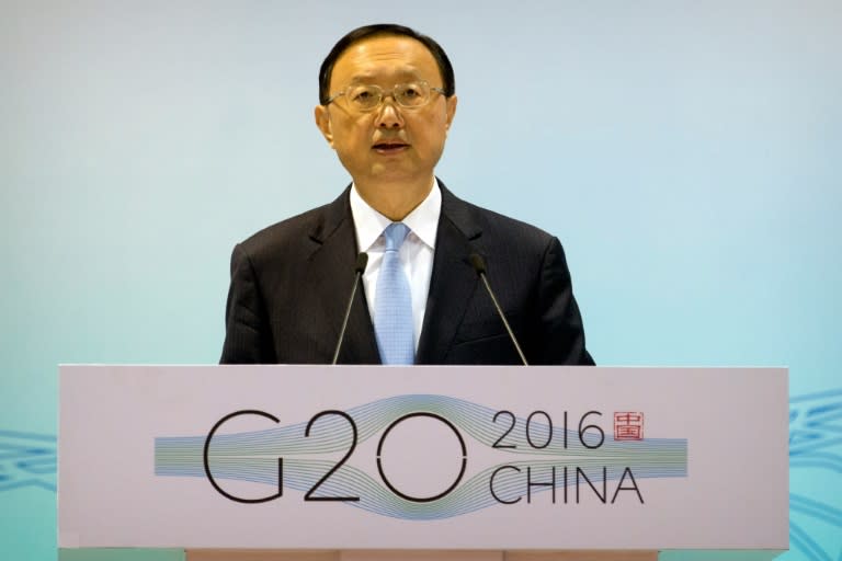 Chinese State Councilor Yang Jiechi speaks at a meeting of G20 representatives in Beijing, on January 14, 2016