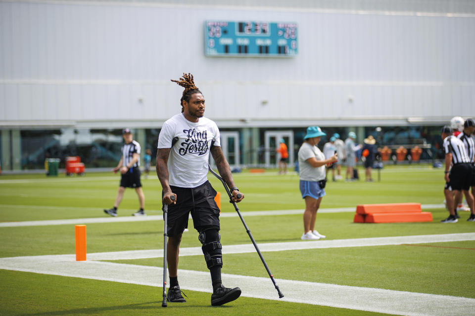 Miami Dolphins cornerback Jalen Ramsey (5) walks on the field during NFL football training camp at Baptist Health Training Complex in Hard Rock Stadium on Thursday, Aug. 3, 2023 in Miami Gardens, Fla. (David Santiago/Miami Herald via AP)